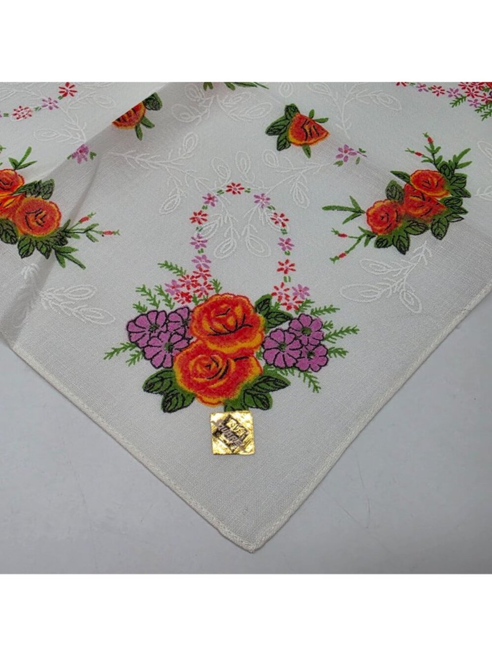 Vintage White Handkerchief With Orange Roses & Purple Floral Embroidery - Picture 2 of 5